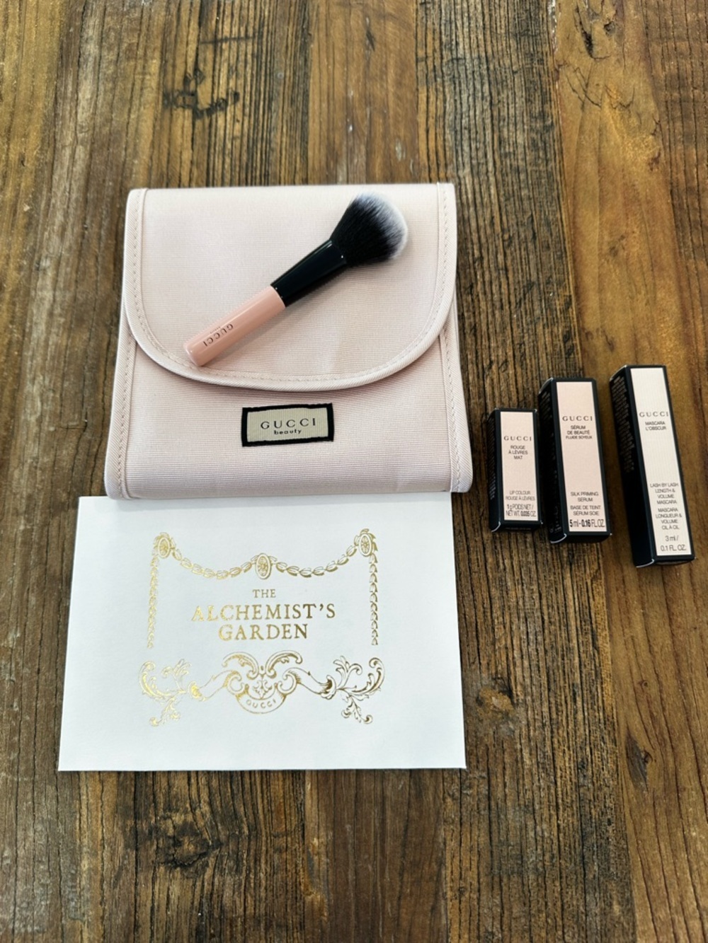 Gucci Pink Cosmetic Pouch Set with Brush and Lip Products and Gucci card-6items